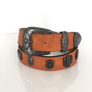 Vintage Streets Ahead Brown Leather Western Belt SilverTone Animal Cactus Concho